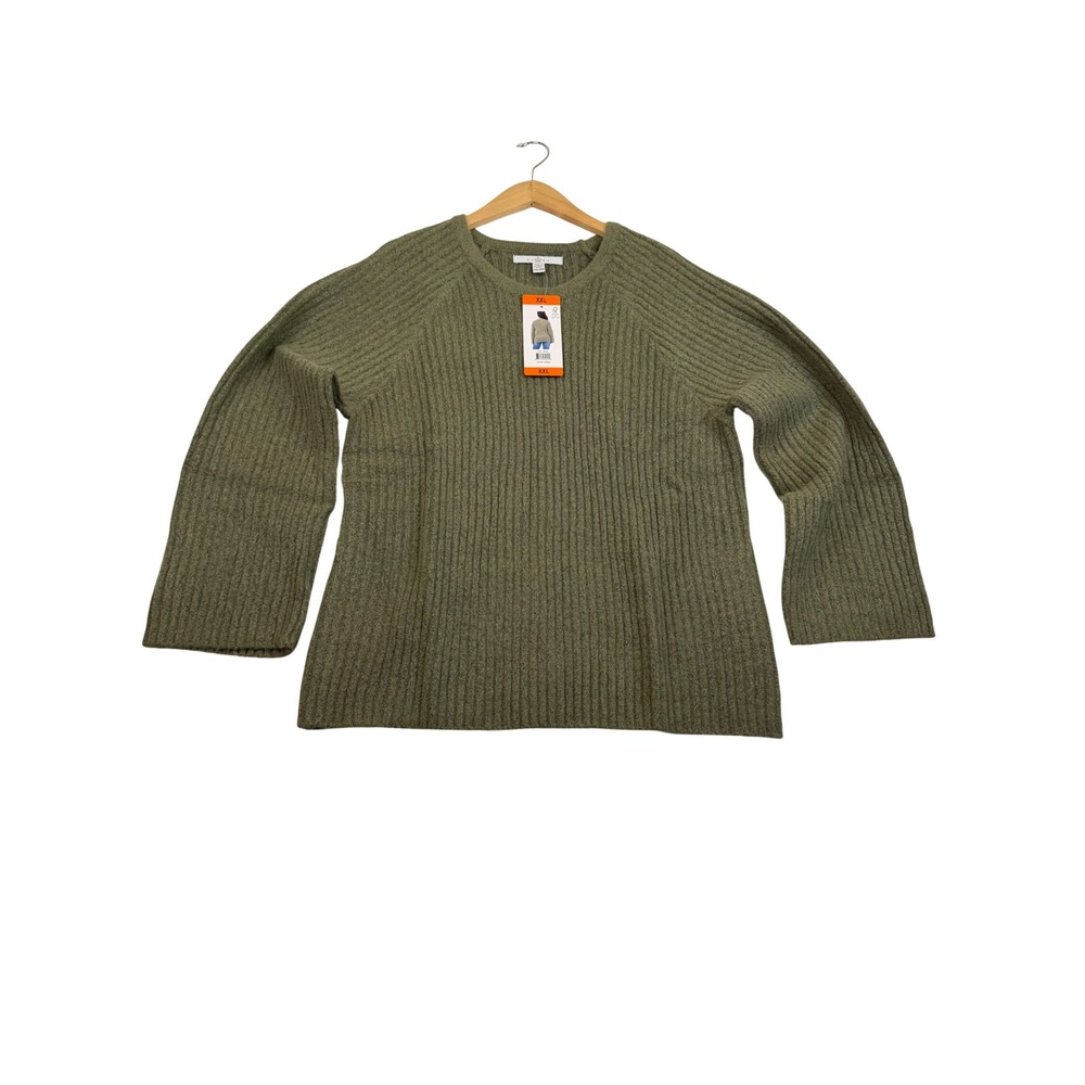 Fever Womens Ribbed Knit Sweater Olive Green Raglan Crew Neck XXL NWT